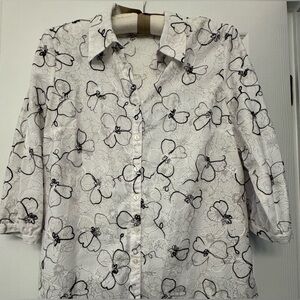 Cotton Blouse with Black & Silver Embroidered Accents SZ LG Petite